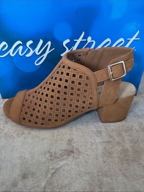 easy street Belva Tan Perforated Suede-Look Block Heel Mule